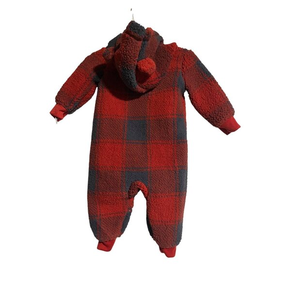 Carters Baby Sherpa Fleece Hooded Plaid Bunting With Ears Size 6M Red/Blue - Picture 2 of 6